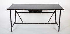 "Bamboo" Single Drawer Desk in Black Lacquered Metal & Leather by Jacques Adnet