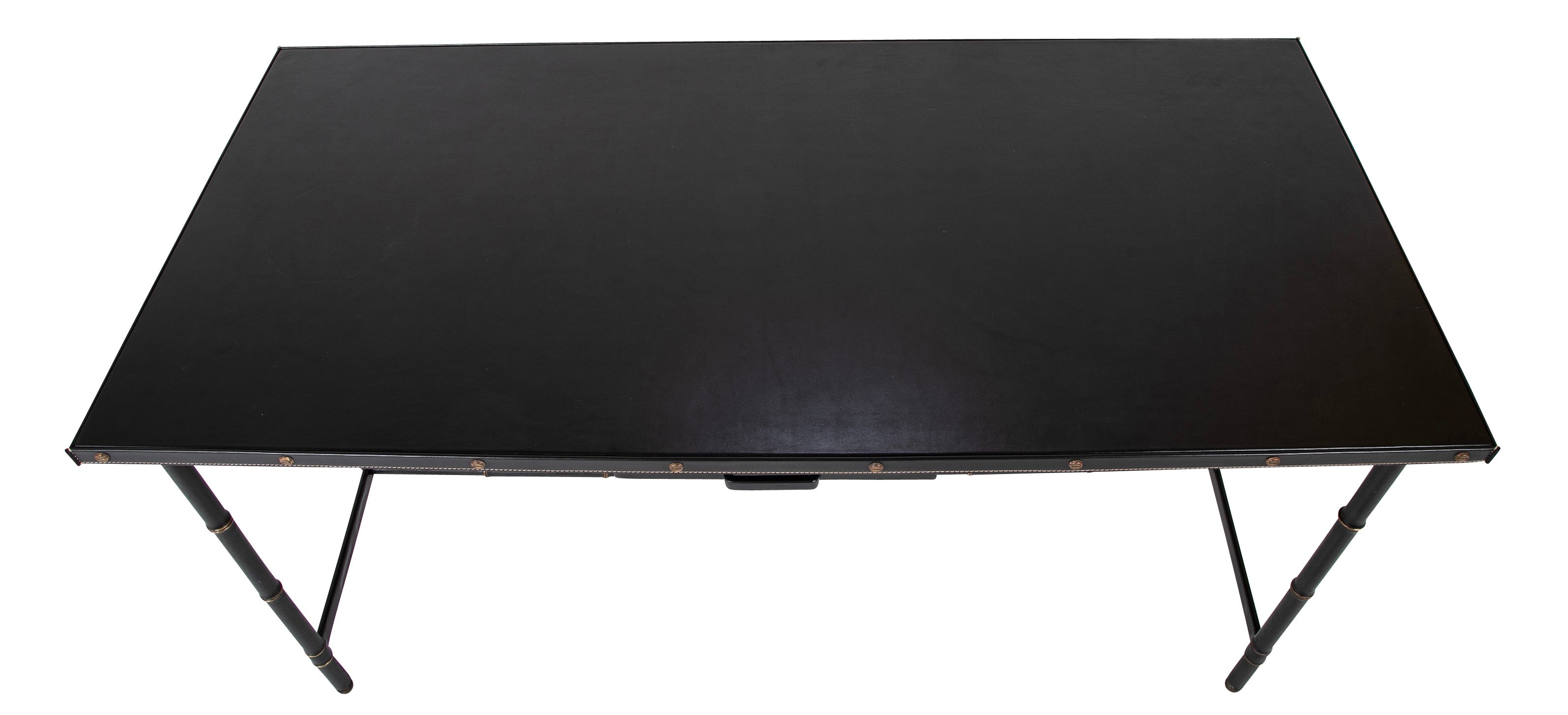 "Bamboo" Single Drawer Desk in Black Lacquered Metal & Leather by Jacques Adnet