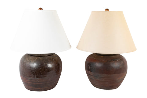 Two Bronze Glazed Ceramic Lamps