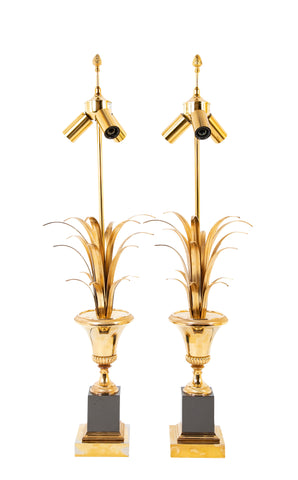 A Pair of Maison Charles Urn Form Lamps with Reed Decor