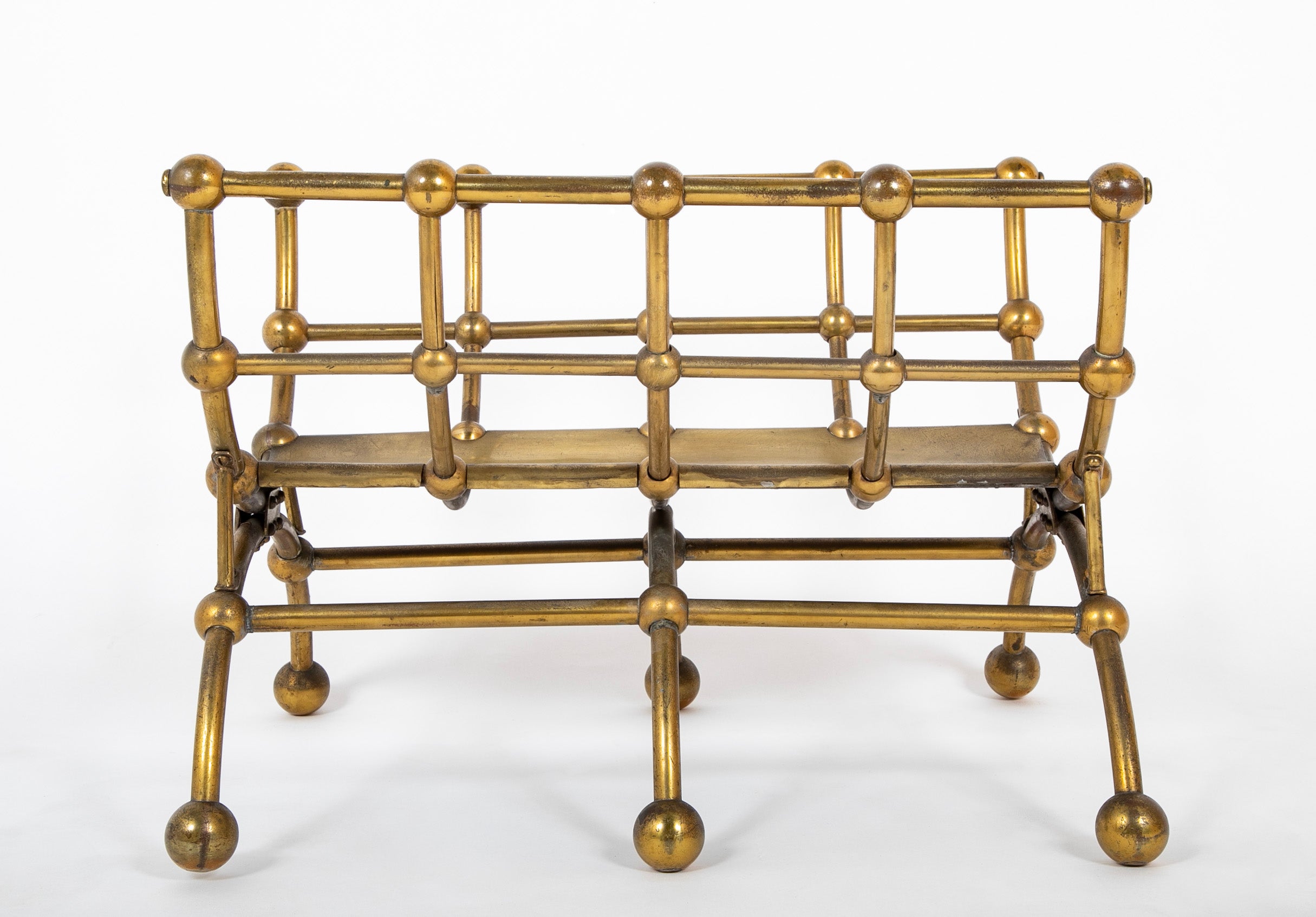 Brass Log Caddy of Round Pipes Intersecting with Brass Spheres