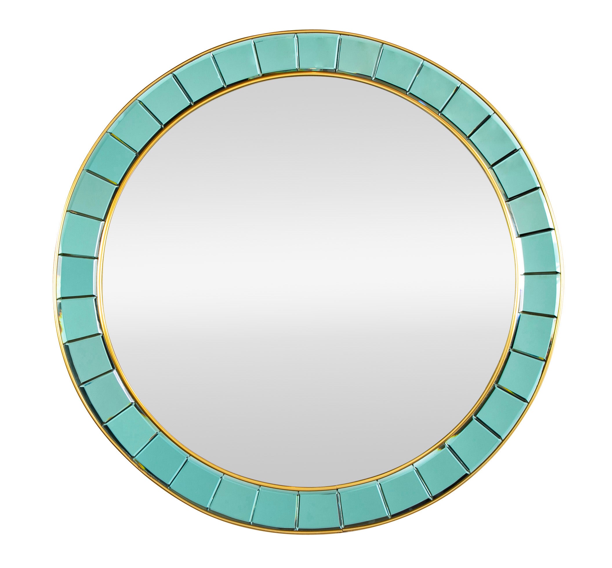 Italian Cristal Arte Round Mirror with Colored Glass and Brass Edges