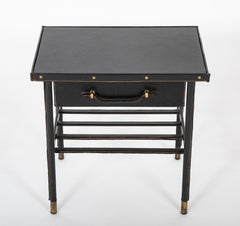 Jacques Adnet Side Table in Black Leather with Leather Wrapped