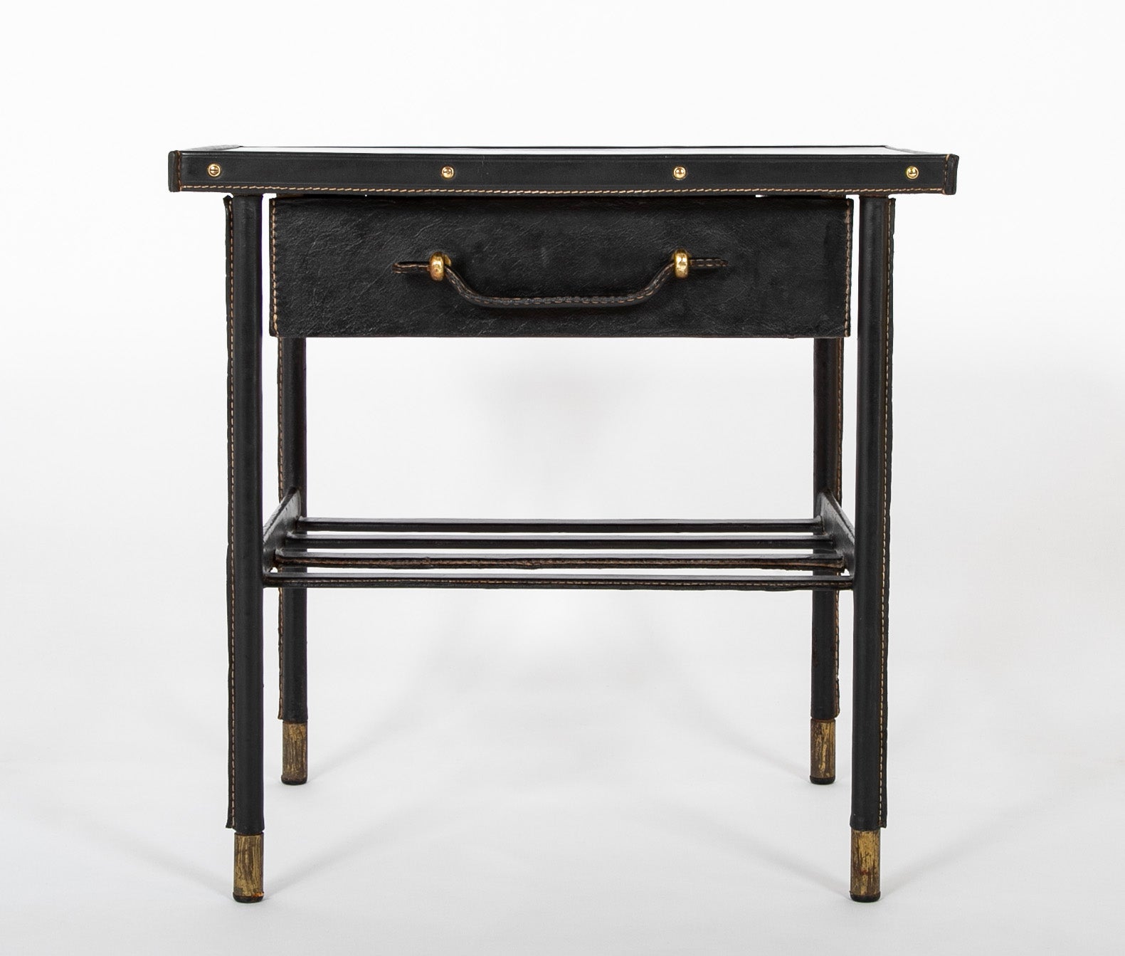 Jacques Adnet Side Table in Black Leather with Leather Wrapped
