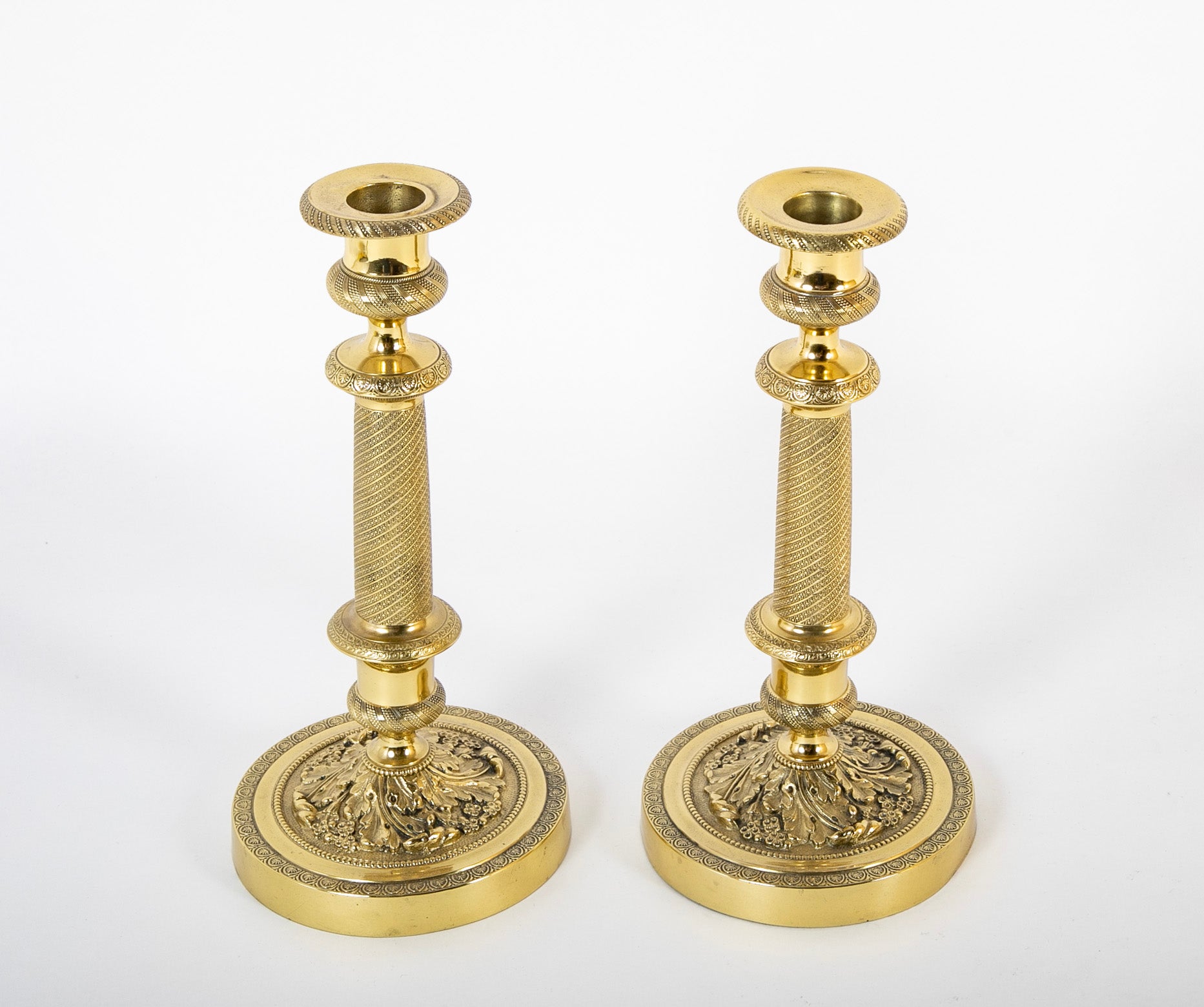 Pair of French Restauration Brass Candlesticks with Swirled