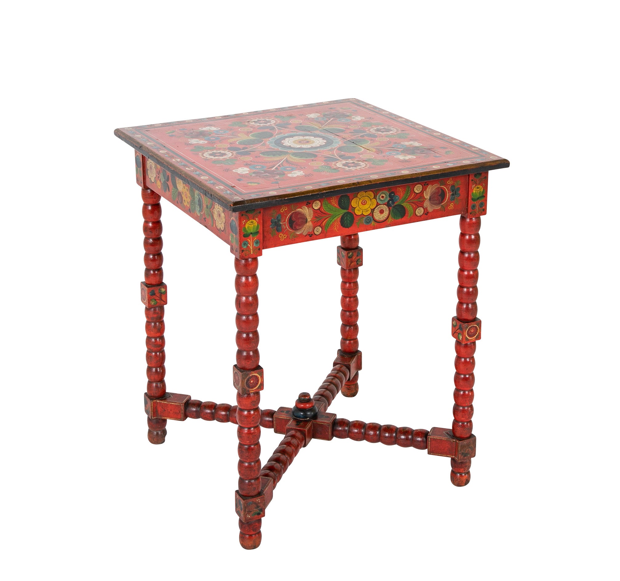 A Red Norwegian Table with Colorful Floral Painted Decoration