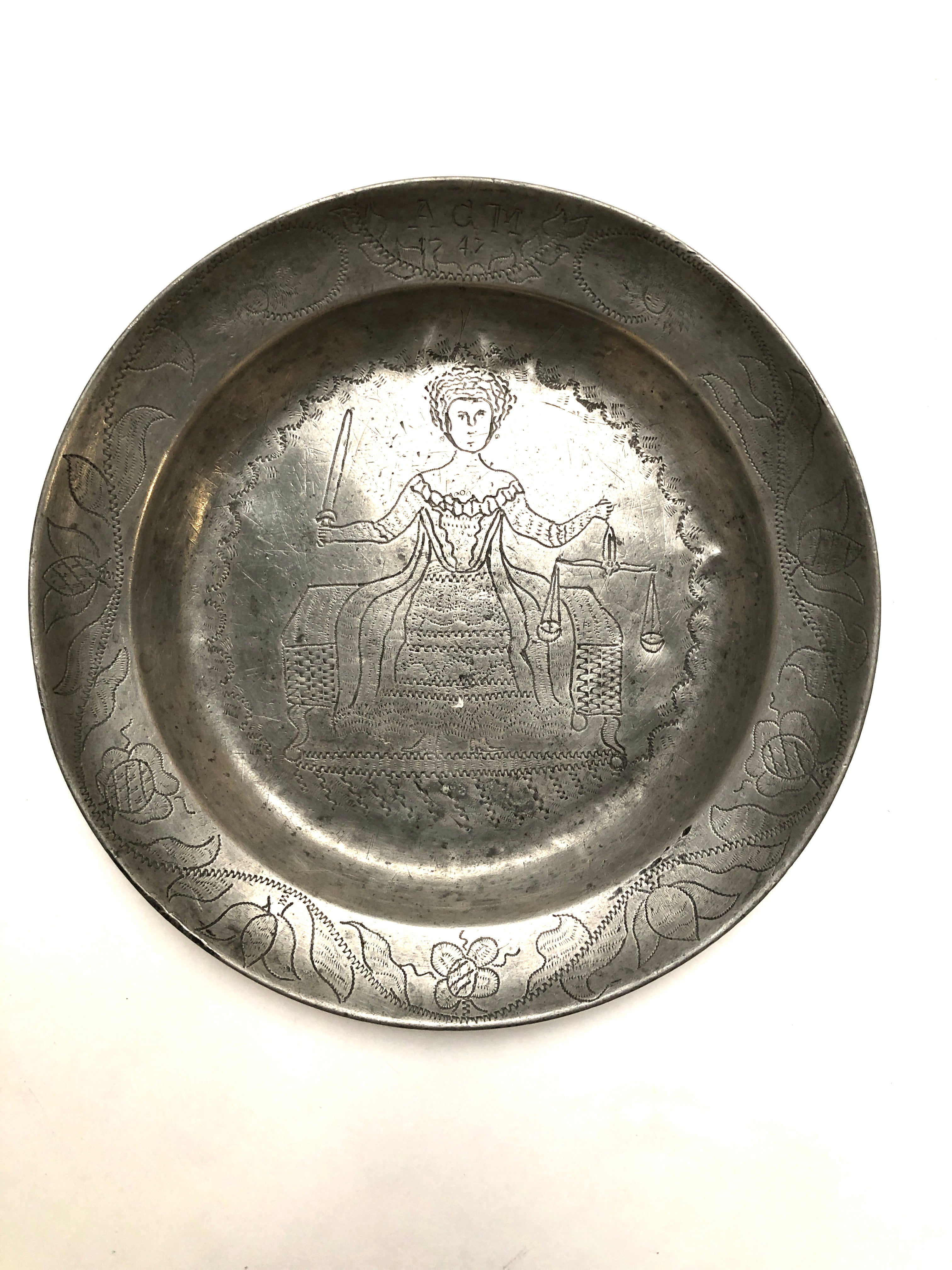 18th Century French Pewter Plate Depicting Justice