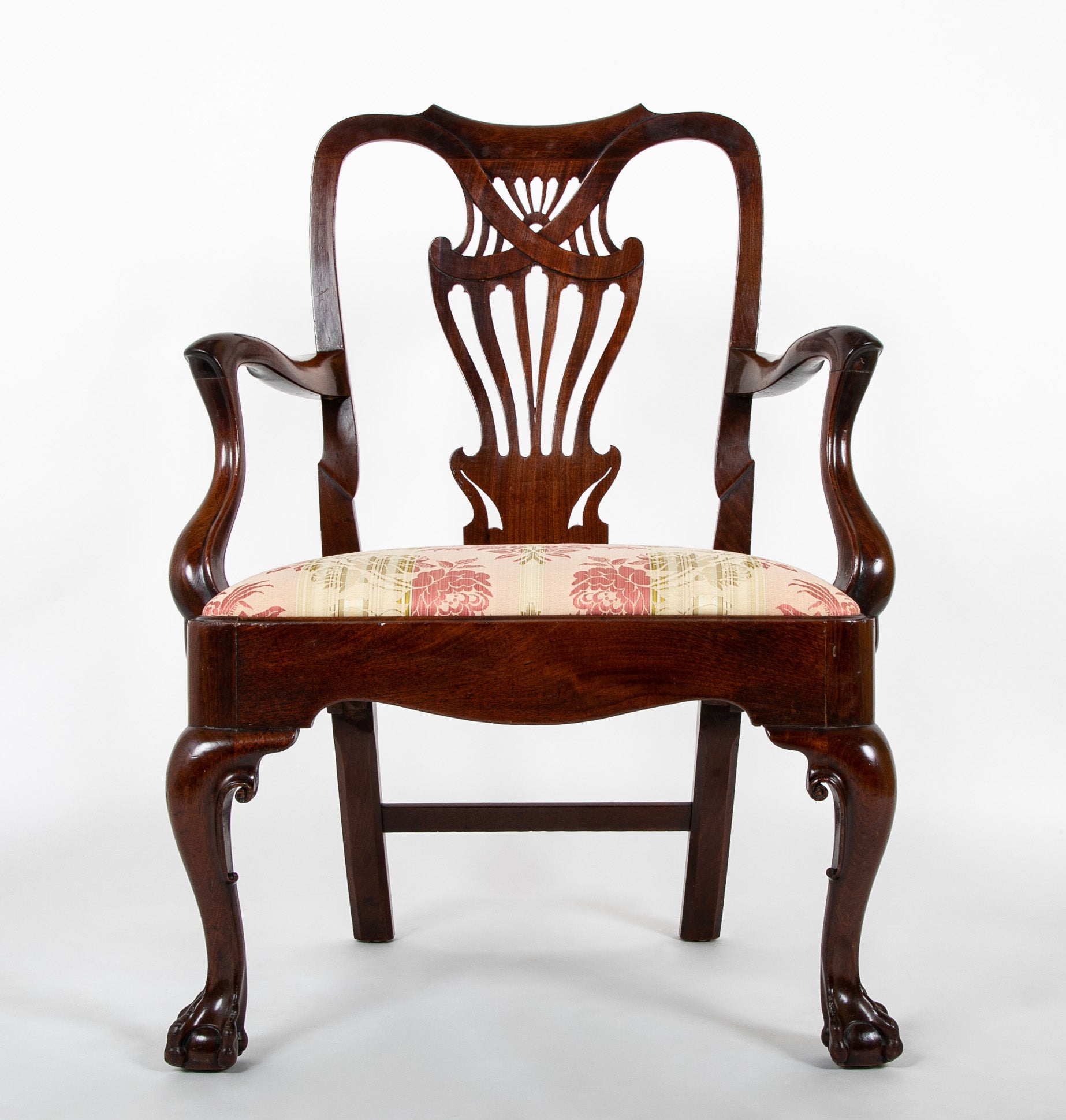 Rare Irish George II Armchair with Ball and Claw Feet and "C" Scroll Shaped Arms