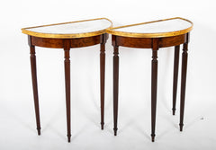 Pair of Rare Sheraton Mahogany Demilune Consoles with Shell Motif Painted Top