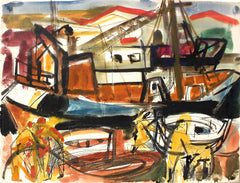 “The Docking of Trawlers in the Harbor of Deauville” (Normandy, France) by Pierre Gaillardot  (French, 1910-2002)   Circa 1950
