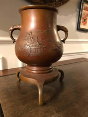 Japanese Bronze Vase on Tripod Base, Signed
