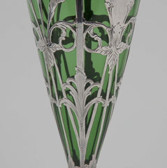 Art Nouveau Alvin Sterling over Green Glass Vase