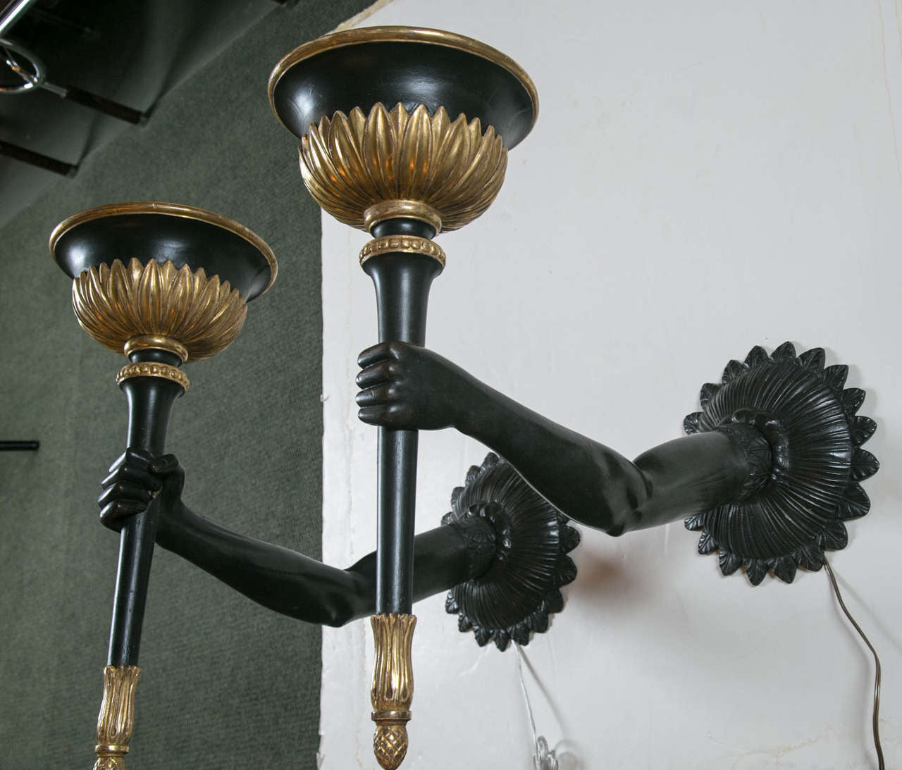 20th Century Venetian Style Bronze and Parcel-Gilt Wood Arm Sconces