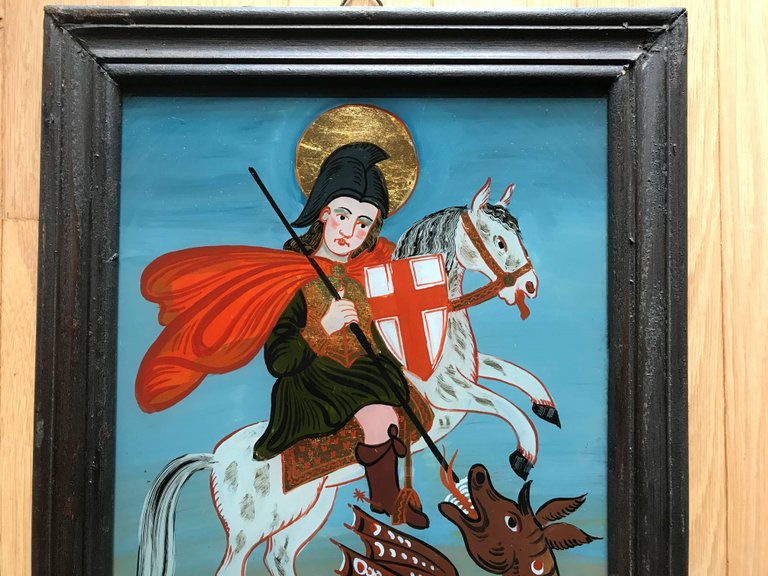 Reverse Glass Painting of Saint George and the Dragon