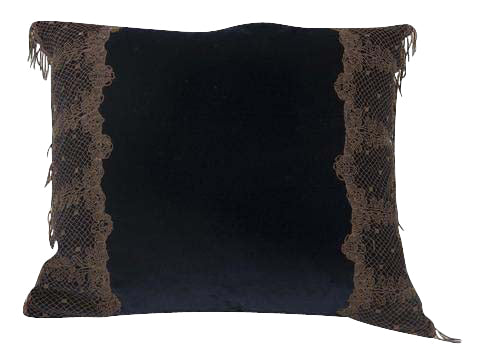 Navy Blue Velvet Pillow with Metallic Lace Decoration