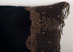 Navy Blue Velvet Pillow with Metallic Lace Decoration