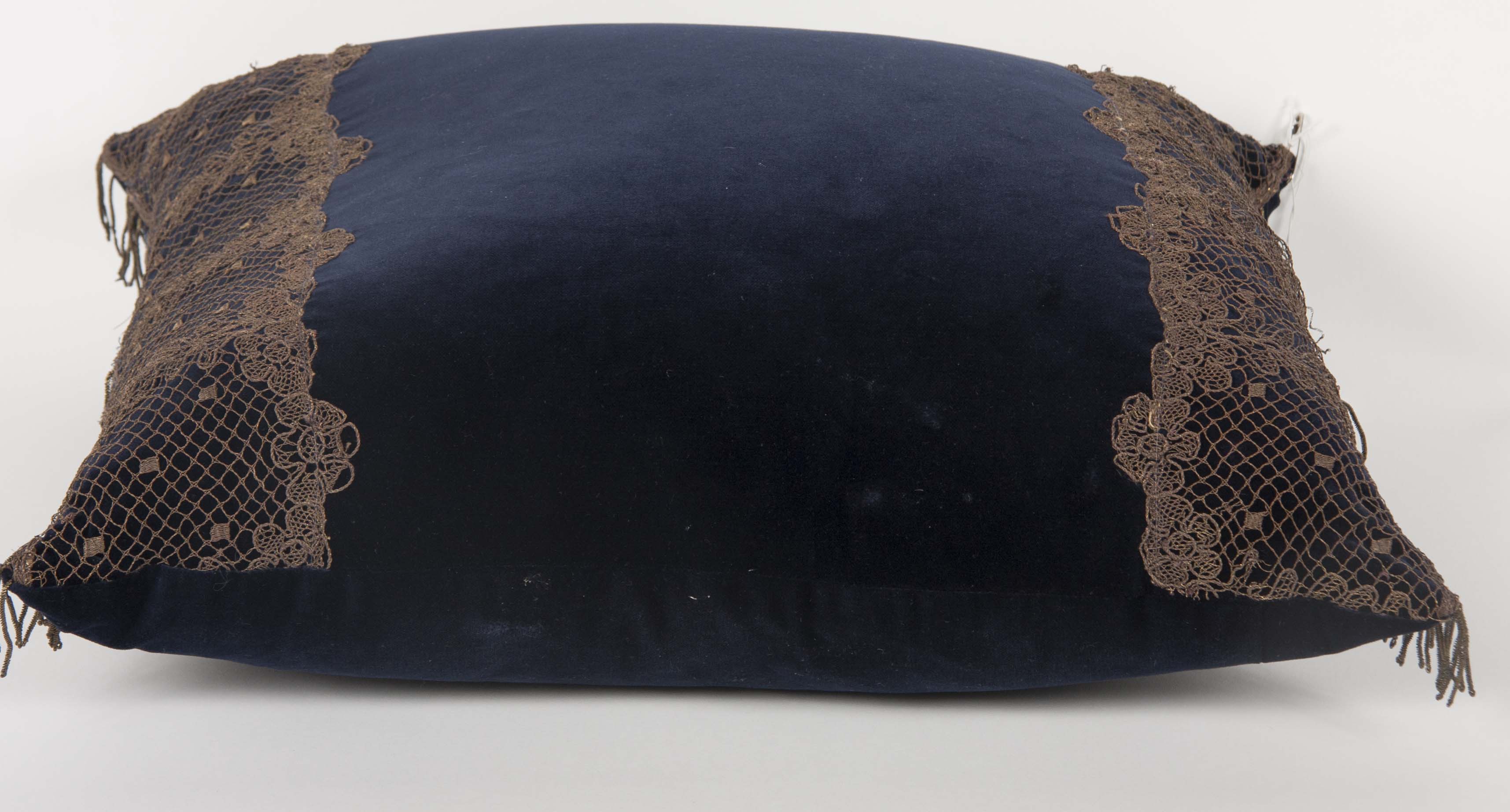 Navy Blue Velvet Pillow with Metallic Lace Decoration