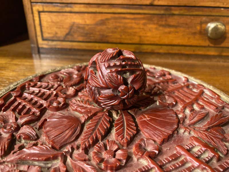 Chinese Carved Cinnabar and Brass Hand Mirror