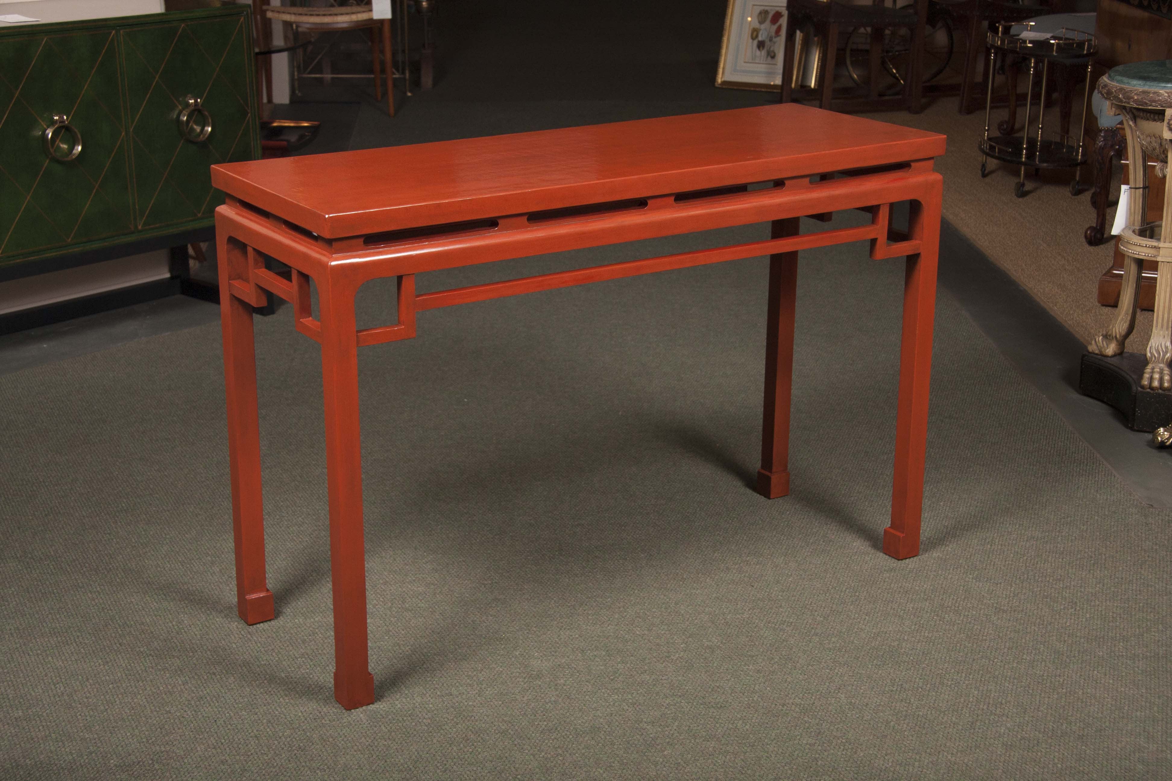 Pair of Red Lacquered Chinese Console Tables