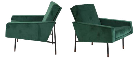 Pair of Upholstered Italian Mid-Century Armchairs with Walnut Tipped Legs