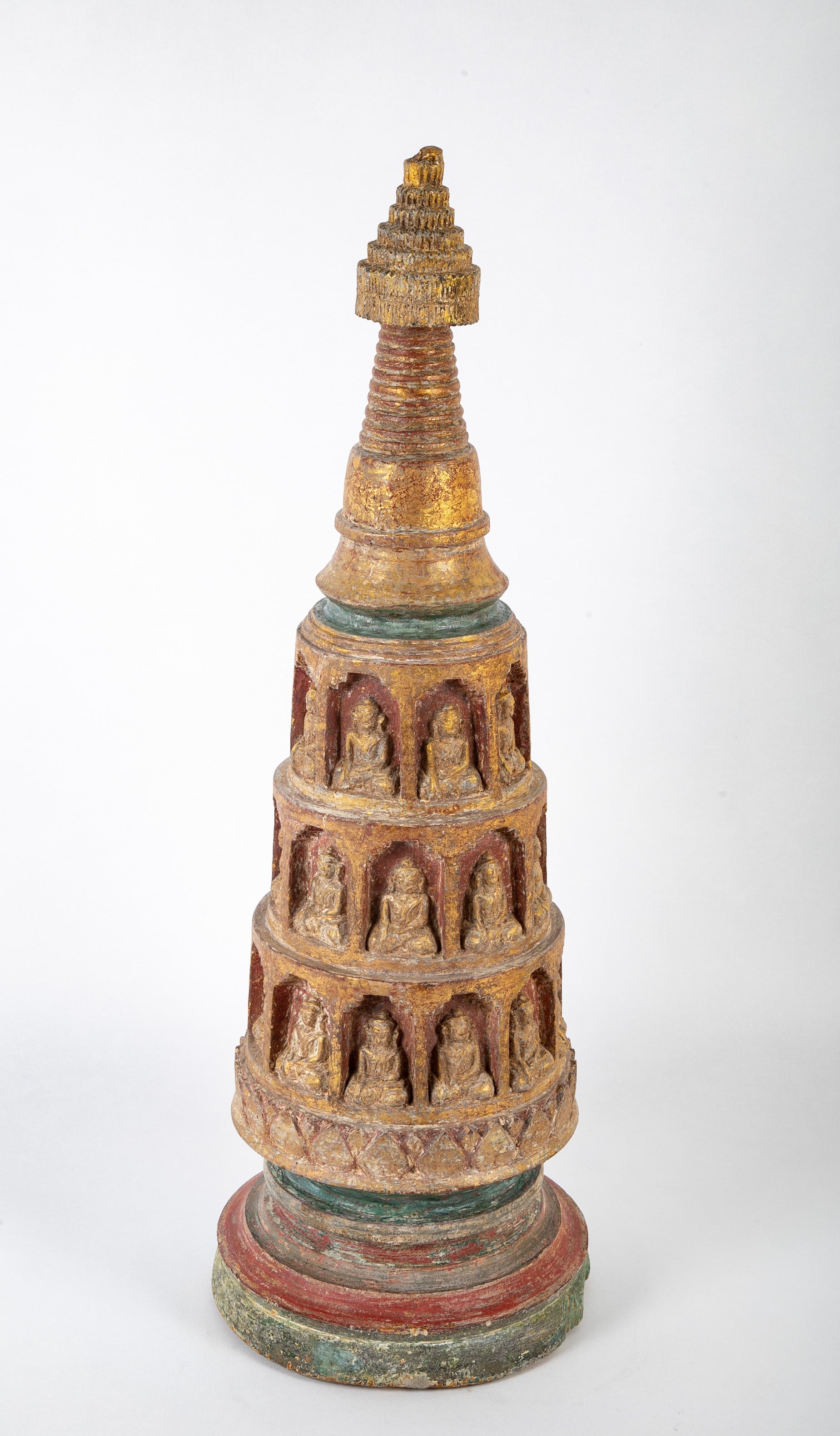 19th Burmese Carved and Giltwood Stupa with Buddhas in Niches