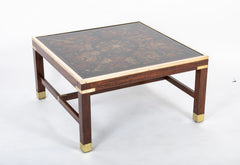 A Fornasetti Style Reverse Glass, Brass and Oak Coffee Table