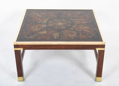 A Fornasetti Style Reverse Glass, Brass and Oak Coffee Table