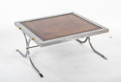 French Maison Jansen Style Polished Steel, Brass and Leather Coffee Table
