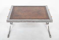 French Maison Jansen Style Polished Steel, Brass and Leather Coffee Table