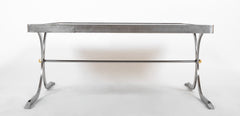 French Maison Jansen Style Polished Steel, Brass and Leather Coffee Table
