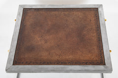 French Maison Jansen Style Polished Steel, Brass and Leather Coffee Table