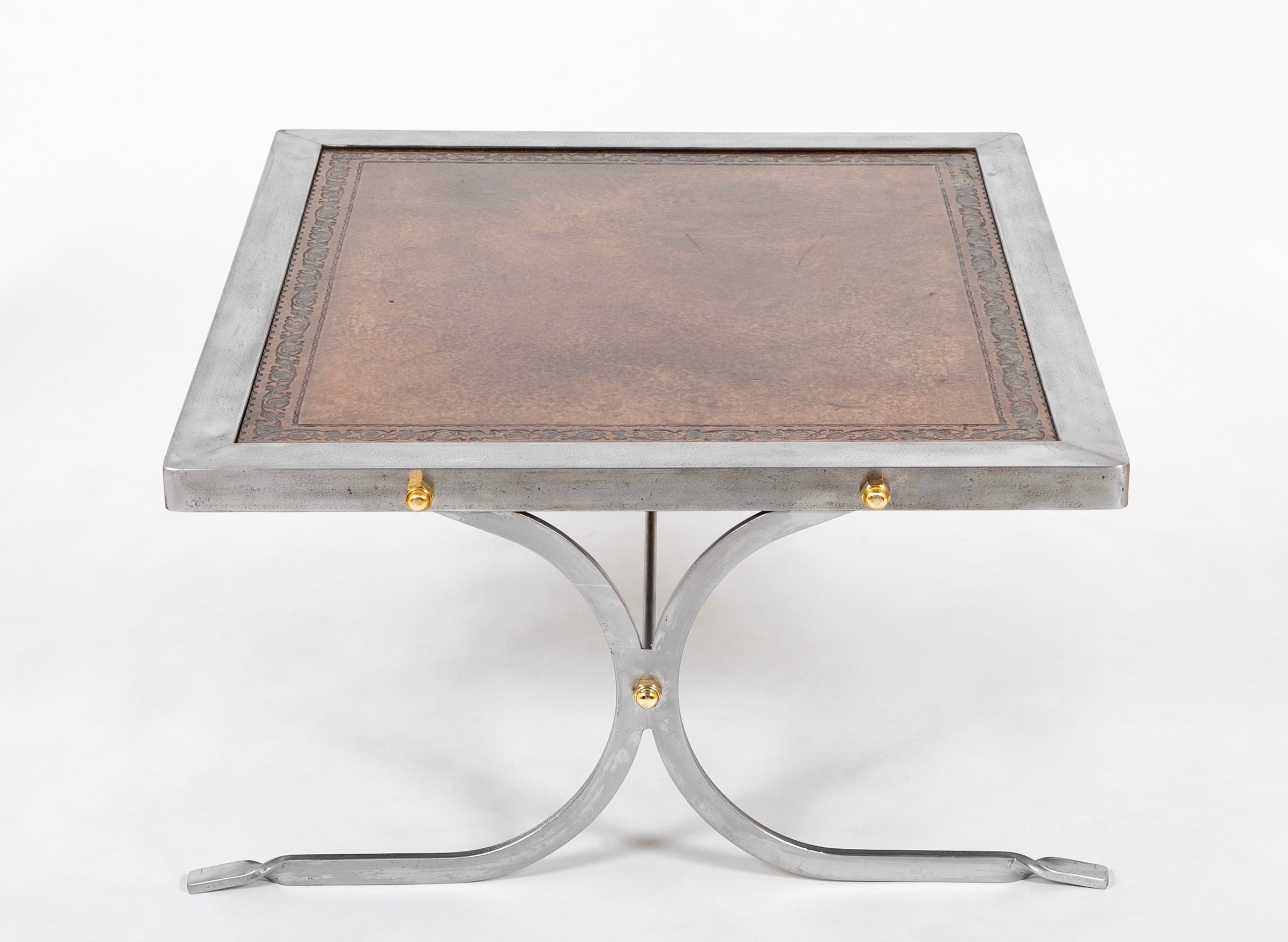 French Maison Jansen Style Polished Steel, Brass and Leather Coffee Table