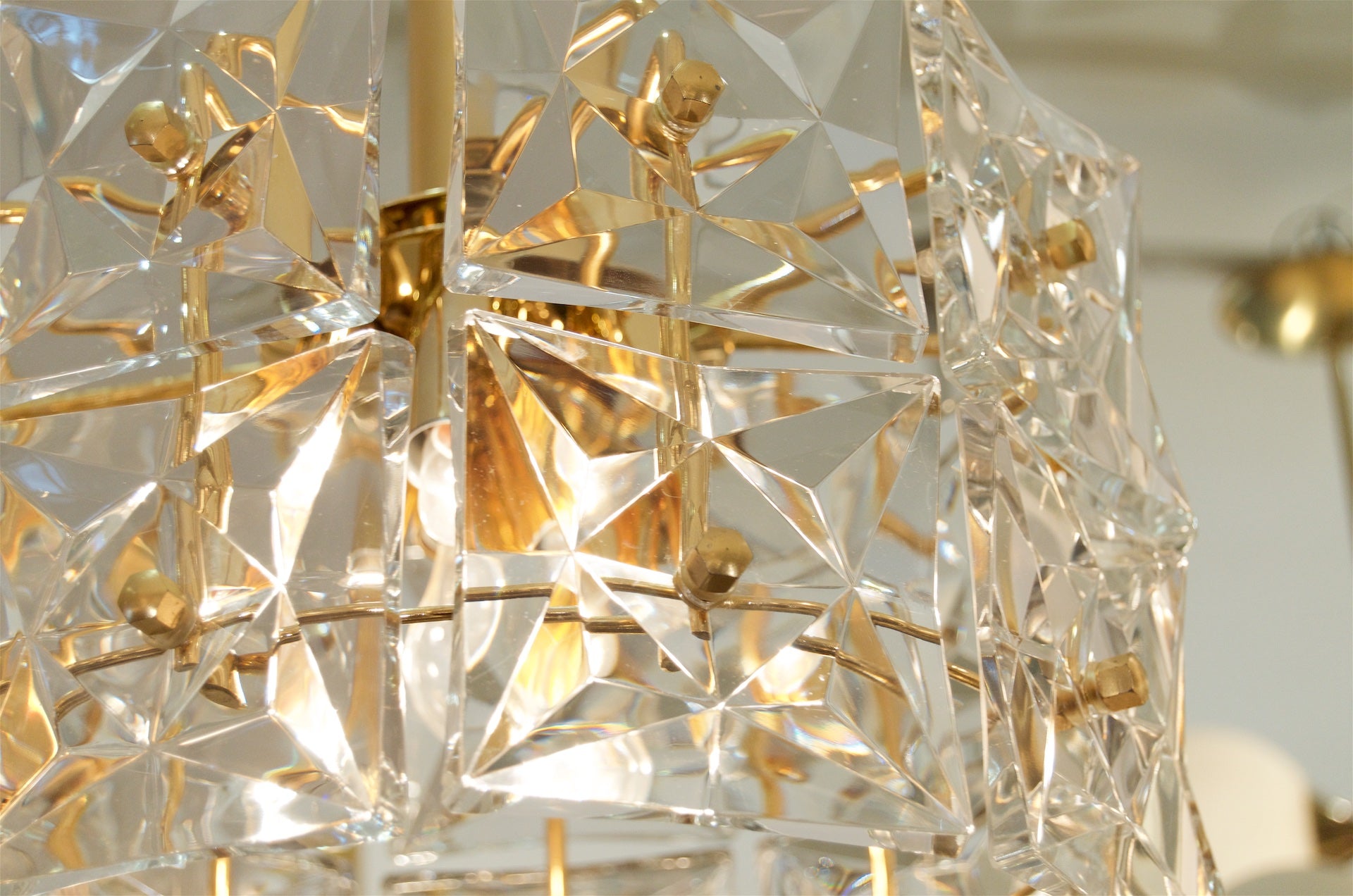 Two-Tier Goldplate Drum-Form Chandelier with Square Crystals by Kinkeldey