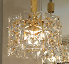 Two-Tier Goldplate Drum-Form Chandelier with Square Crystals by Kinkeldey