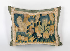 18th Century Tapestry Pillow with Silk Backing and Greek Key Galon