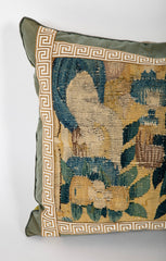 18th Century Tapestry Pillow with Silk Backing and Greek Key Galon