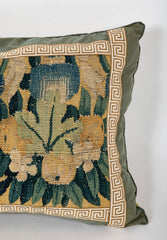 18th Century Tapestry Pillow with Silk Backing and Greek Key Galon