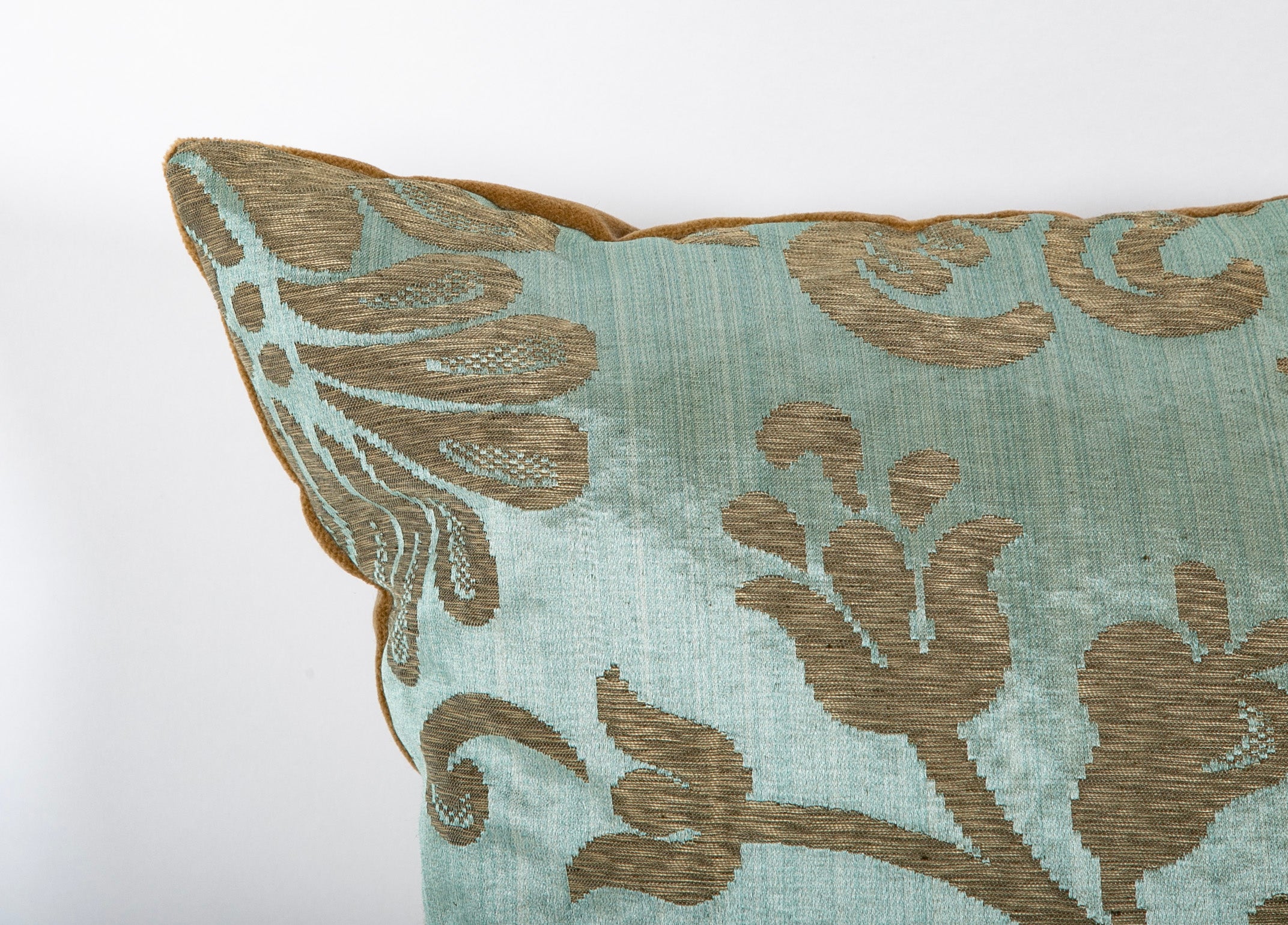 Beautiful Lampas Teal with Bronze Silk Pillow and Velvet Backing