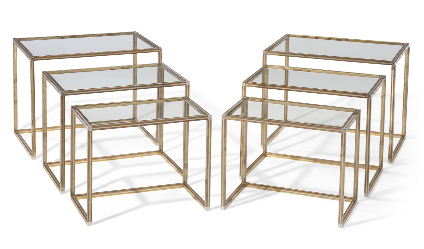 Two Sets of Three Part Chrome and Brass Nesting Tables