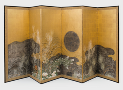 A 19th Century Japanese Rimpa School Screen Depicting Moon Over Plains of Musashino