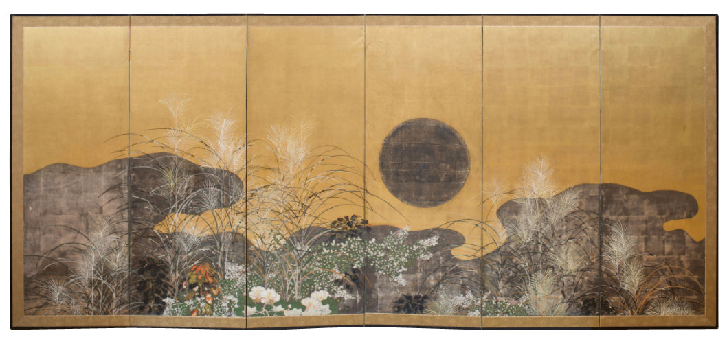 A 19th Century Japanese Rimpa School Screen Depicting Moon Over Plains of Musashino