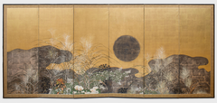 A 19th Century Japanese Rimpa School Screen Depicting Moon Over Plains of Musashino