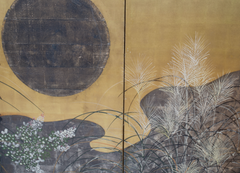 A 19th Century Japanese Rimpa School Screen Depicting Moon Over Plains of Musashino