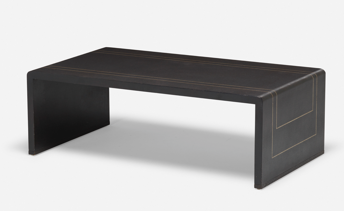 Ebonized linen wrapped coffee table with silver/grey detail