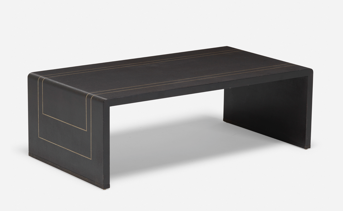 Ebonized linen wrapped coffee table with silver/grey detail