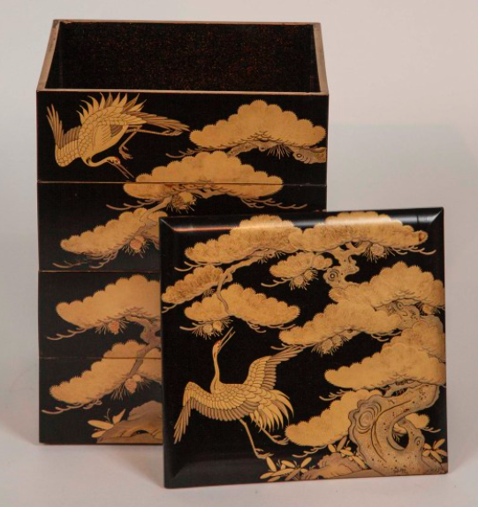 Japanese Black Lacquer Jubako Box with Stork Motif