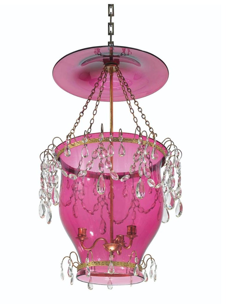 18th/19th Century Cranberry and Glass Lantern with Gilt Metal and Cut Glass
