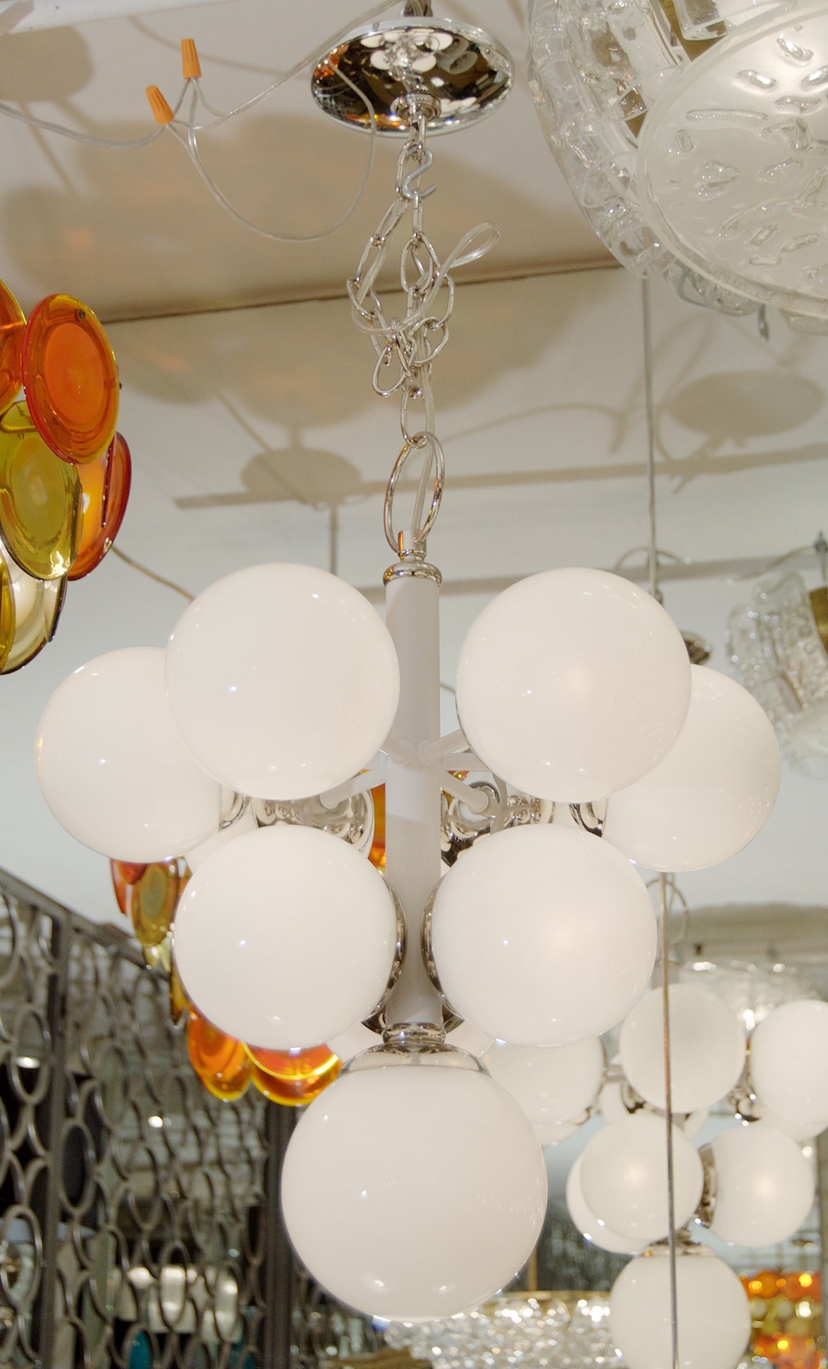 White Enameled Pyramid Chandelier with Gloss Opal Globes