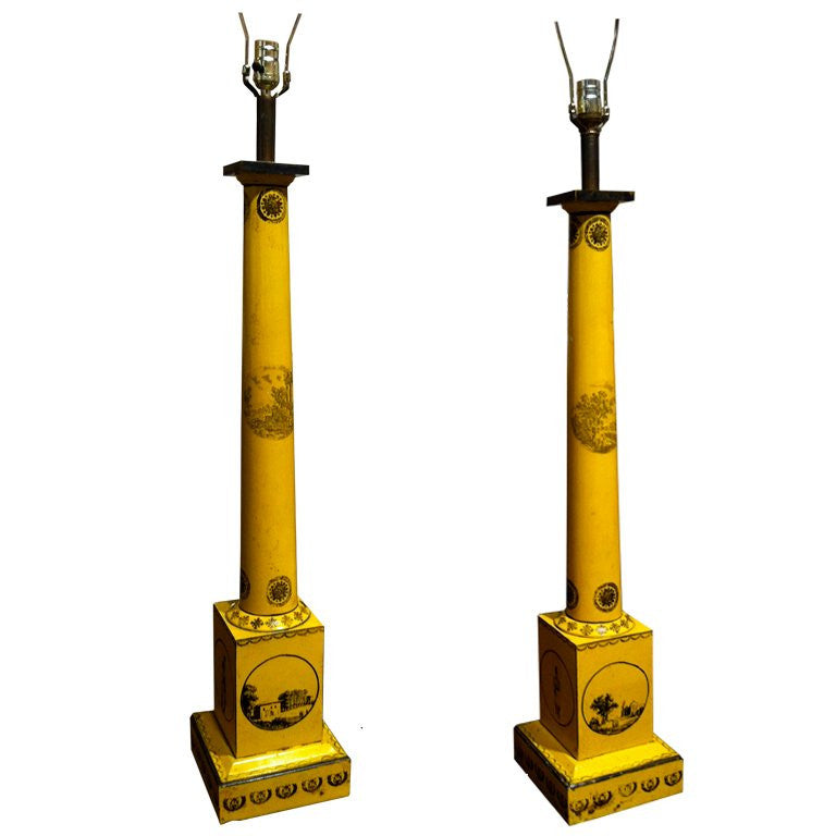 Pair Large Scale Neoclassical Column Tole Lamps