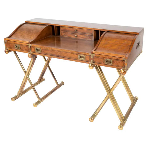 Vintage Drexel Walnut and Gilt Wood Campaign Desk with Gilt X-Base Legs and Low Roll Top